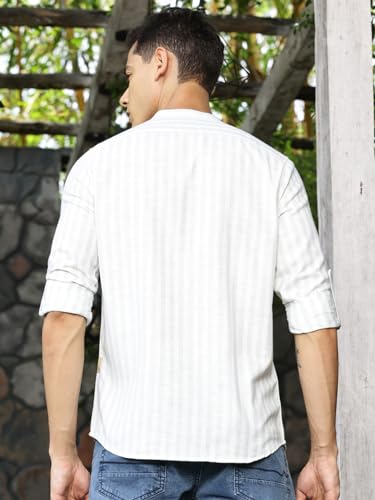 Image of Thomas Scott Men's Slim Fit Cotton Linen Casual Shirt with Mandarin Collar | Vertical Stripes | Three-Quarter Roll-Up Sleeves