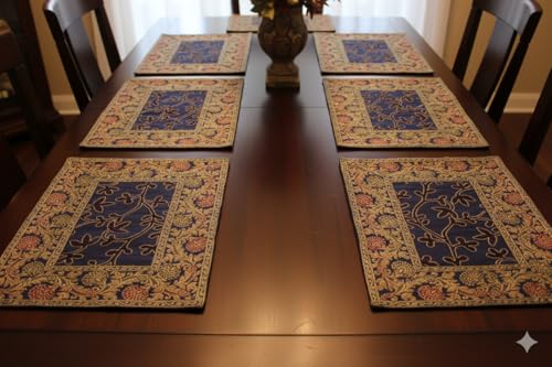 Image of Brocade Silk Placemats for Dinning Table 12 x 18 Inches Hand Embroidered, Set of 6 Decorative Placemats for Home (Navy Blue)