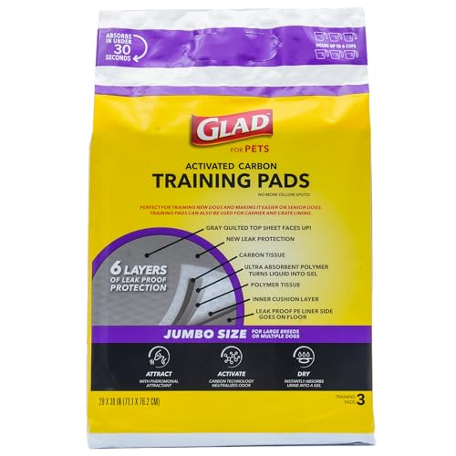 Image of Glad for Pets Extra Large Charcoal Dog Training Pads - Absorbent Disposable Pee Pads for Dogs, Cats & Puppies - Jumbo-Size Potty Pads That Neutralize Urine Instantly - 3 Count Pet Supplies