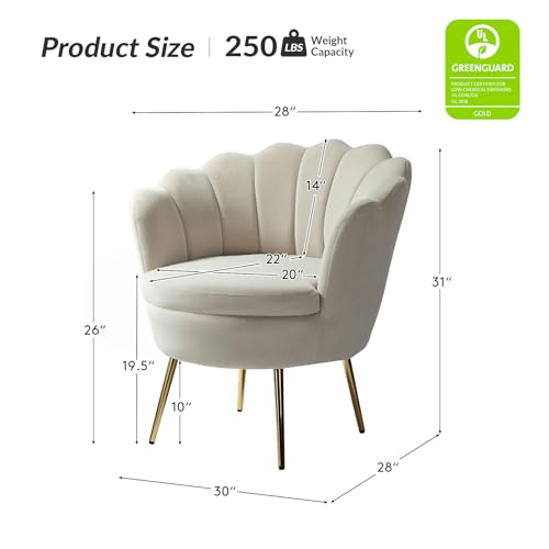 Image of HULALA HOME Modern Velvet Accent Chair with Shell Shaped Back, Cute Living Room Bedroom Armchair Sofa Chair with Gold Legs, Comfy Upholstered Vanity Chair for Makeup Room, Tan