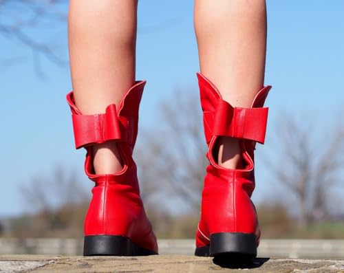 Elegant Red Open Toe Leather Boots with Zipper & Bow - Stylish Women's Footwear - Extravagant and Comfortable Ankle Peep Toe Booties with Cut-Out Design, Size 5 to 104