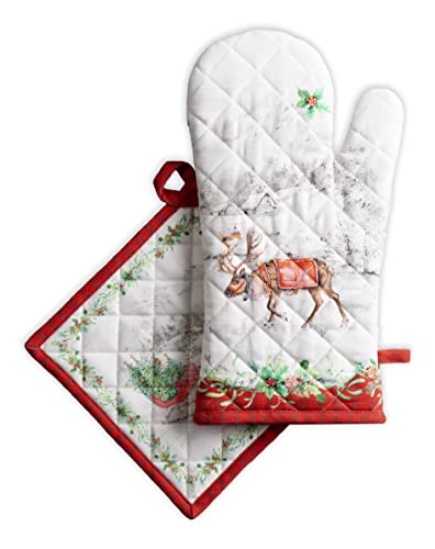 Maison d' Hermine 100% Cotton Oven Mitt & Pot Holder Set (19 x 33 cm & 20 x 20 cm) Heat Resistant BBQ Cooking Gloves with Loop for Christmas Decorations Baking Handling Hot Pans (Christmas Tradition)