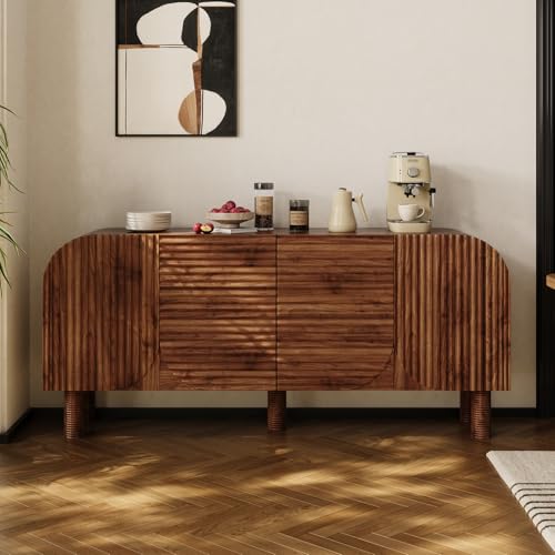 Image of 71 inch Curved Sideboard Cabinet with Storage, 4-Door Buffet Credenza, Walnut | Large wood credenza features four textured arched doors, roomy storage, and anti-tip hardware for dining rooms and entryways