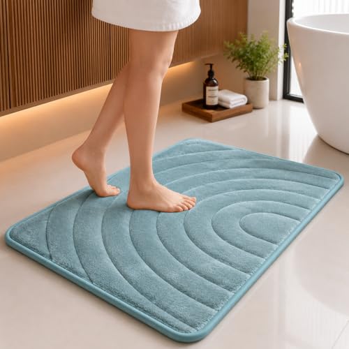 Image of Premium Memory Foam Bath Mat | 40x60cm Super Absorbent Velvet Bathroom Rug | Non-Slip Machine Washable Floor Mat (Aqua Mist)