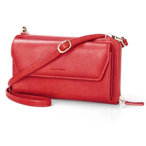 Image of nuoku RFID Blocking Wristlet Wallet for Women, Zip-Around Crossbody Clutch with 2 Removable Straps, Red