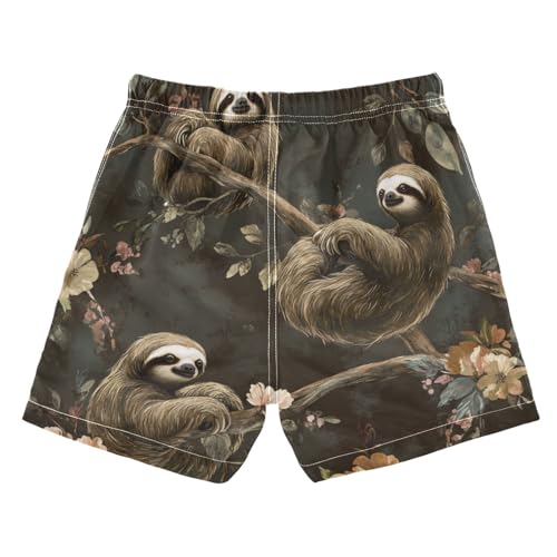 Boys Quick Dry Swim Trunks with Pockets Sloths Retro Floral Beach Shorts for Kids, Toddler Swimsuit Boy2
