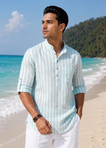 Image of Majestic Man Men's Pure Cotton Striped Mandarin Collar Regular Fit Roll-Up Sleeves Short Kurta
