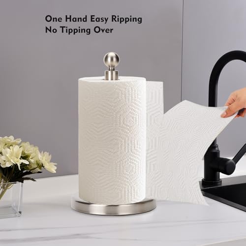 Paper Towel Holder Countertop, Standing Paper Towel Roll Holder for Kitchen Bathroom, with Weighted Base for One-Handed Operation (Stainless Steel Base, Brushed Nickel)
