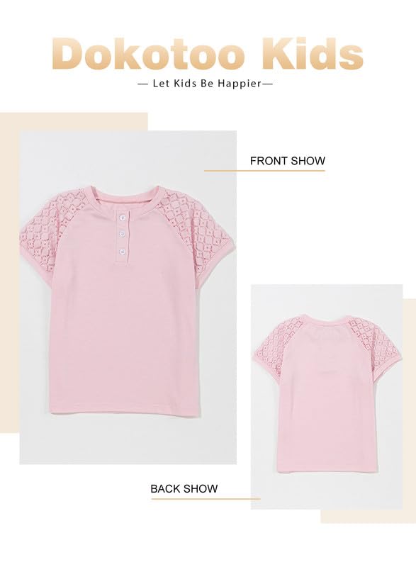 Image of DOKOTOO KIDS Girls Fashion Lace Short Sleeve Shirts Casual Button Crewneck Blouses Tops 6-15 Years