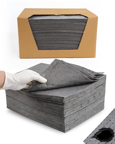 Image of 9.8 inchx13 inch Oil Absorbent Pads 100 Pack | Heavy & Fast Absorb | Reusable & Trimmable Lightweight Pads that Absorb Oil, Water, Coolant & Solvents for Workshops, Garages & Kitchen Drains