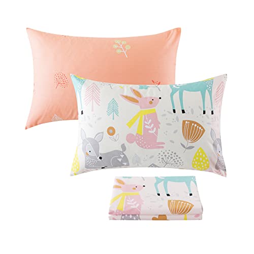 Cliab Kids Bedding Woodland Creatures Forest Animals Theme Full Size For Girls Cute Rabbit Dear Pink Nature Cotton Reversible Duvet Cover Set Zipper Closure Corner Ties 3 Pieces #TOP2