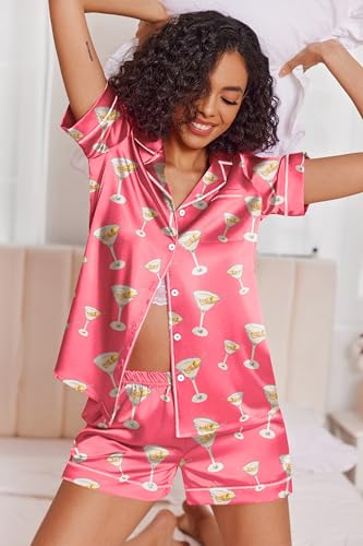 Image of Ekouaer Womens Satin Silk 2 Piece Pajamas Set Short Sleeve Sleepwear | Button Down Top and Shorts Loungewear Set for Sleep, Home, Wedding, Travel, Party, Daily Wear & Great for Sharing