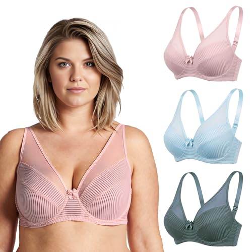 Curve Muse Women's Plus Size Minimizer Unlined Underwire Full Coverage Bra-3PK-Green,Pink,Lt Blue-36D (EU:80D)