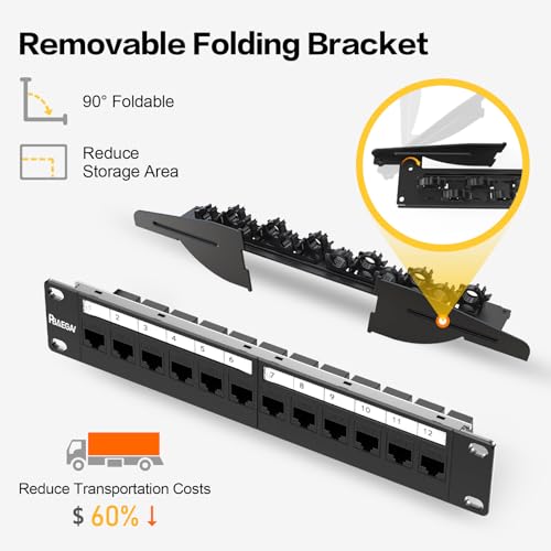 Image of Patch Panel 12 Port with 12 Pcs Cat6 Keystone Jack【EC Listed】 UTP 10G Support with Removable Back Bar 1U Network Patch Panel 10 Inch for Cat6,Cat5e,Cat5 (CAT6, 1U 12Port)