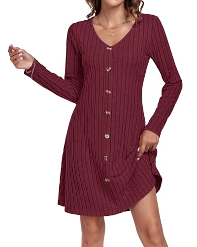 AUSELILY Herbstkleid Damen Strickkleid Dekorative KnöPfe Leichte Langarm Kleid Herbst Winter V-Ausschnitt A Linien Pulloverkleid Winterkleid Elegant Weinrot 2XL