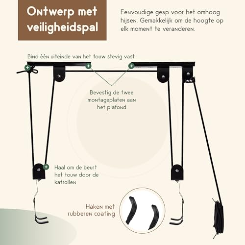 Fietslift 60 Kg draagkracht, Fietstakel Universeel ophangsysteem, Elektrische fiets, Zwart - Afbeelding 5