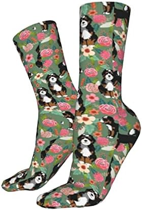 chegna Bernedoodle Floral Cute Dog Florals Green Athletic Socks Sport Running Calf Socks Performance Cushioned Breathable Crew Socks for Men Wome