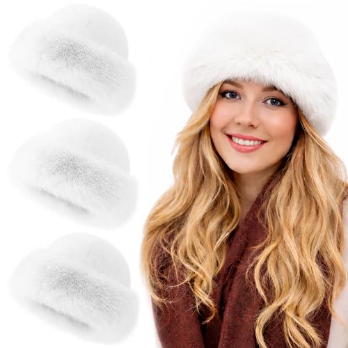 3 Pieces Womens Faux Fur Bucket Hat Winter Warm Plush Furry Hat Soft Fluffy Cold Weather Hat for Outdoor Travel (White)