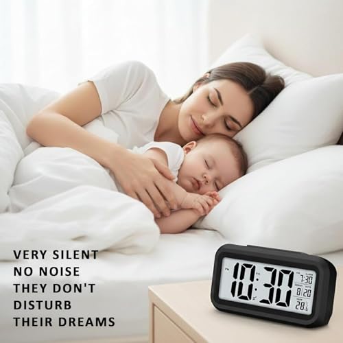 Image of REACHER Digital Alarm Clock for Heavy Sleepers, Digital Clock Table Clock for Study Table, Students,Office | Alarm Clock for Bedroom with Loud Sound, Automatic Sensor,Date & Temperature (Black,Medium)