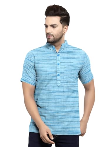 Image of Men's Regular Fit Self-Design Solid Mandarin Collar Half Sleeve Casual Line Pure Cotton Blend Fancy Shirt (Multi-Color)