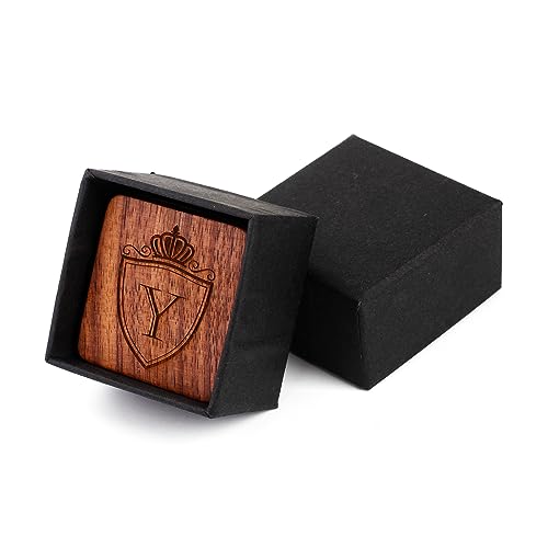 Image of Mens Initial Silver Cufflinks A-Z Alphabet Letter Steel Cuff Links with Engraved Walnut Wood Box Groom Groomsman Wedding Set