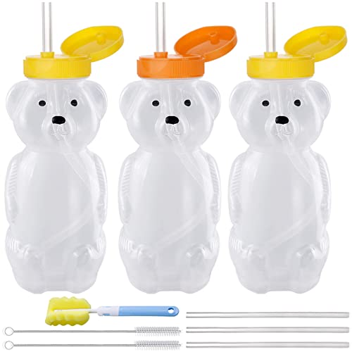 Image of Honey Bear Straw Cups for Babies 3 pack, 8oz honeybear straw cup with improved safety lid design, Straw learning therapy cup. Leak-Proof & Food-Grade & BPA Free (AQUA)