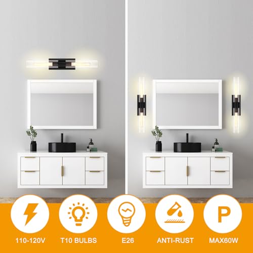 Image of Glass Tube Wall Sconces, 24in Bathroom Vanity Light Fixtures 2-Light Double Glass Sconces Wall Lighting Bathroom Wall Lights for Mirror,Bedroom, Hallway (Including Extra Bulbs)-Matte Black