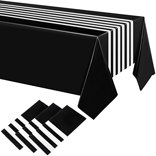 Remagr 3 Pieces Black and White Striped Tablecloth Party Decorations 86 x 54 Inch Disposable Plastic Table Cover Rectangle for Birthday, Wedding, Reception, Picnic, Bridal Showers Modern(3 Pieces)