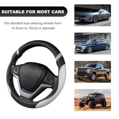 Image of Car Steering Wheel Cover, 15 Inch Premium Leather Breathable Non-Slip Wheels Wrap, Universal Auto Comfortable Steering Wheel Protector for SUV Truck Van, Car Accessories (Gray)