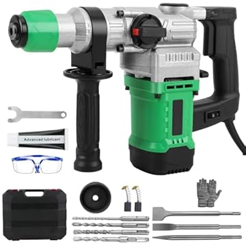 Eletropneumático Martelo Perfurador Rotativo Rompedor (1600W)Com Controle de Vibração, Inclui Graxa, Talhadeira Ponteira Brocas, com Estojo (110)