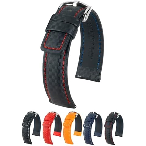 Hirsch Carbon Calf Watch Strap - Black Band/Red Upper Stitching - L - 20mm / 18mm - Shiny Silver Buckle - Water Resistant Leather Band Cover