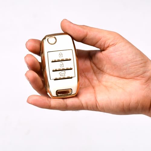 Image of KMH TPU Gold Car Smart Key Cover Compatible for Kia Seltos and Sonet 3 Push Button Smart Flip Key Shell Case Holder, Full Key Protection (White Gold) Pack of 1