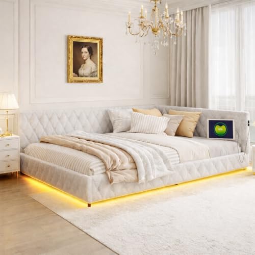 Cama Doble 140x200, Cama Tapizada en L con Lámpara LED y USB, Sofá Cama Moderno con Somier de Lamillas, sin Colchón (Beige, 140 * 200)