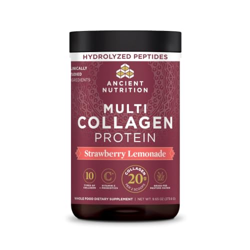 Image of Ancient Nutrition Hydrolyzed Multi Collagen Peptides, Strawberry Lemonade | Vitamin C, Probiotics, Grass-Fed Hydrolyzed Collagen, Supports Skin, Hair, Nails, Joints, Gut Health, 24 Servings