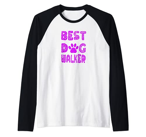 Best Dog Walker with Dog Paw Print Raglan Baseball Tee, Black
