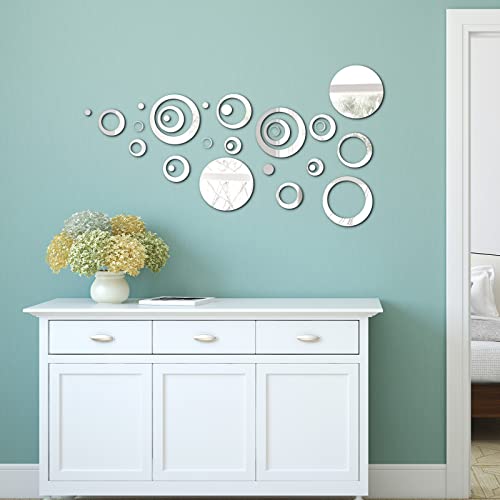 64 Pcs Removable Acrylic Mirror Setting Wall Sticker Adhesive Round Circle Mirror Tiles Decals Diy Hollow Mirror Wall Stickers For Living Room Bedroom Bathroom Decorations, Silver, 1.5-15 Cm Diameter #TOP5
