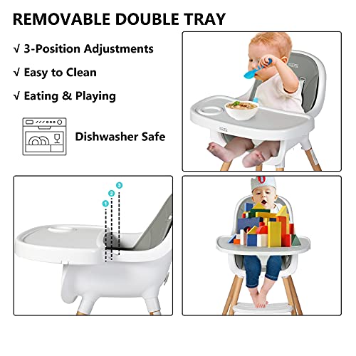 Kinder King 3 In 1 Convertible Baby High Chair, Wooden Highchair W/Double Removable Tray, Infant Feeding Chair-Toddler Chair, Adjustable Legs, Detachable Footrest & Pu Cushion, 5-Point Harness, Grey #TOP2