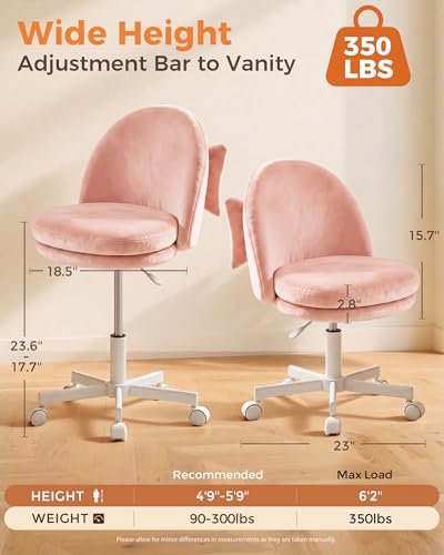 Image of GTPLAYER Velvet Tall Office Chair with Wheels Vanity Chairs with Back, Versatile Height Use: Office to Bar Stools Small Ergonomic Comfy Armlees Computer Desk Chair with Bow Lumbar Pillow for Gift