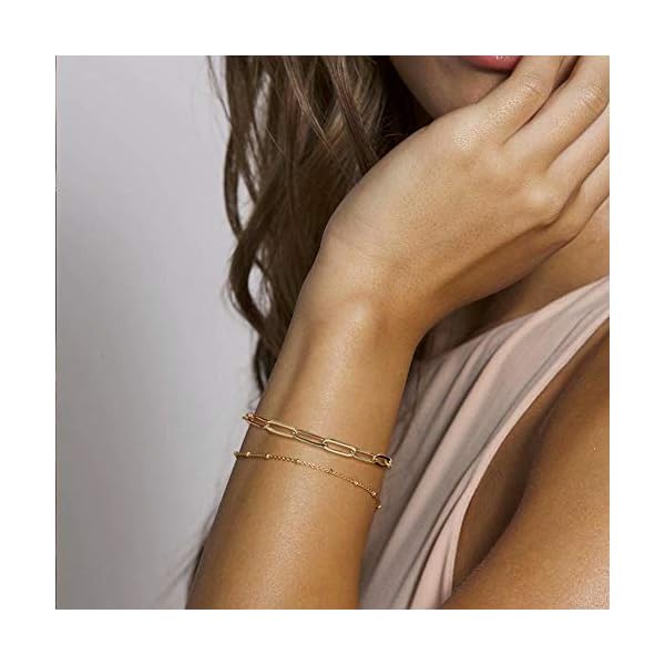 Turandoss Gold Bracelets for Women, 14K Filled Layering Oval Chain Bracelet Cute Layered Beads Women Jewelry(Oval & Chain)