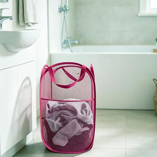 Image of Larpur Popup Laundry Basket, Collapsible Portable Mesh Clothes Washing Laundry Hamper with Reinforced Carry Handles (Pink)
