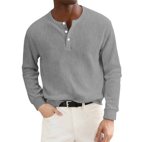 Henley Shirts Herren Langarm Dünner Pullover mit Knöpfen Leicht Strickpullover Casual Winterpullover Pulli T Shirt Longshirt atmungsaktiv Langarmshirt für Alltag, Büro & Reise, Geschenke, gris, 3XL