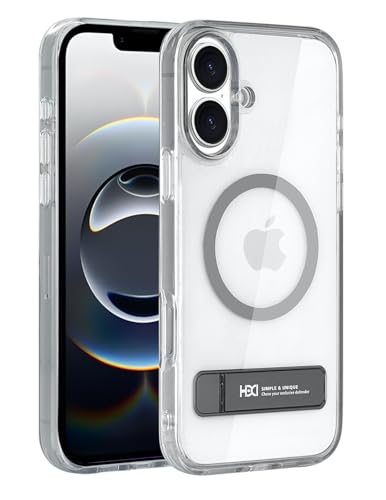 Image of BOUNCEBACK Polycarbonate Shockproof Transparent Hybrid Back Case /Cover with Kick Stand Support Magnetic Charging for iPhone 16 Plus - (Clear Grey)