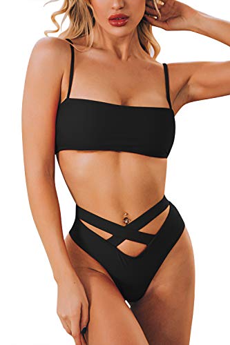 ioiom Womens Sexy High Waist Bandage Bikini Beachwear Swimsuit Black S