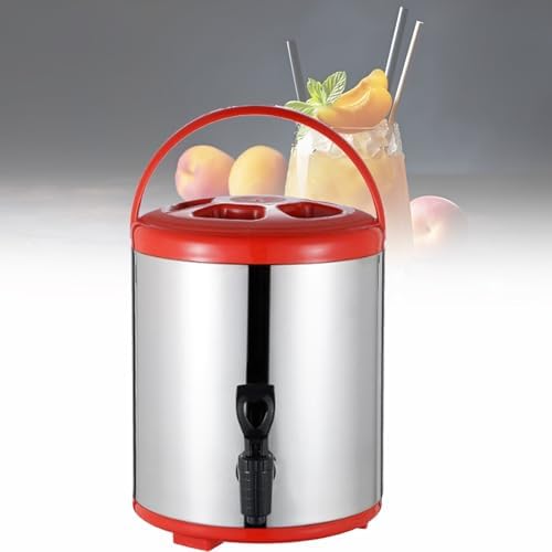 Stainless Steel Coffee Urn Hot Water Kettle Dispenser with Cover and Spigot, Insulated Bucket for Hot Water and Beverages,Red-12L