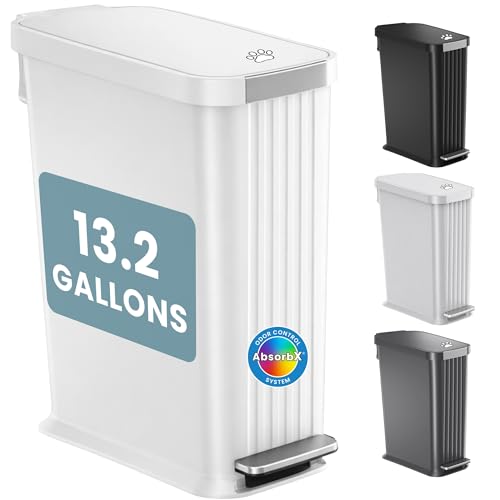 Image of iTouchless 13.2 Gallon / 50 Liter Dog Poop Trash Can with Lid & AbsorbX Odor Filter, Indoor & Outdoor Rust-Proof Pet Waste Bin, Soft-Close Step Pedal, Large Capacity Recycle Bin, Matte White