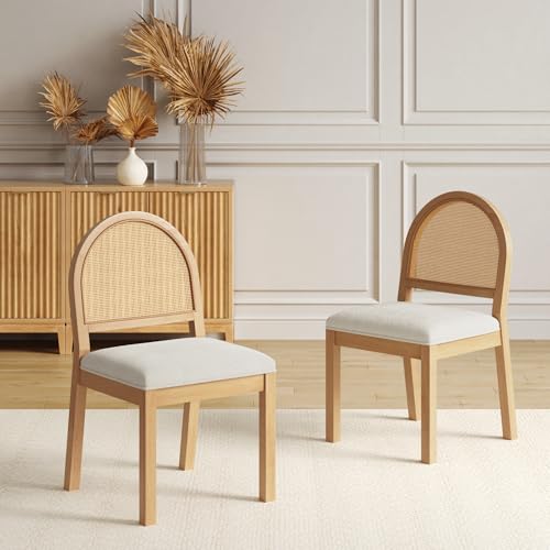 Image of Nathan James Bailey 19 in. Boucle Dining Chair, Upholstered Side Chair with Natural Woven Rattan Back and Solid Wood Legs, Natural Brown /Rattan /Cream Boucle, Set of 2