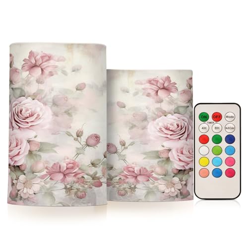Image of ALAZA Pink Rose Flowers Flickering Flameless Candles Floral Battery Operated with Remote Timer,Tea Light Candles LED Pillar Votive Candles Set of 2 for Outdoor Indoor Decorations