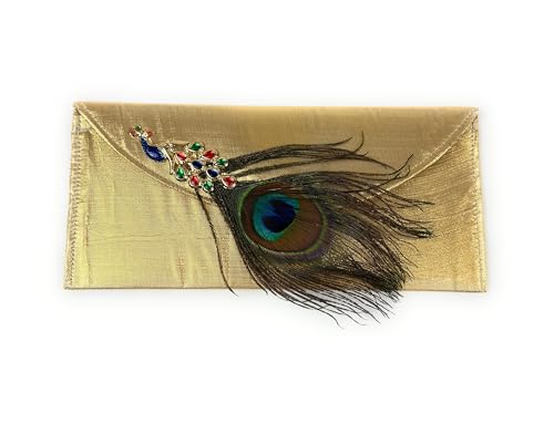 Eco-Friendly Handmade Fabric Envelopes with Magnetic Closure | Perfect for Gifting Cash, Cards or Small items | Reusable & Durable (Set of 3 Golden - Peacock feather)