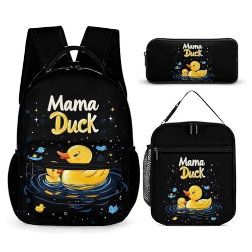 Mama Duck Cute Rubber Duck Printed Backpack with Lunch Box Bag Pencil Case Pouch 3pcs Daypack Set for Women Men