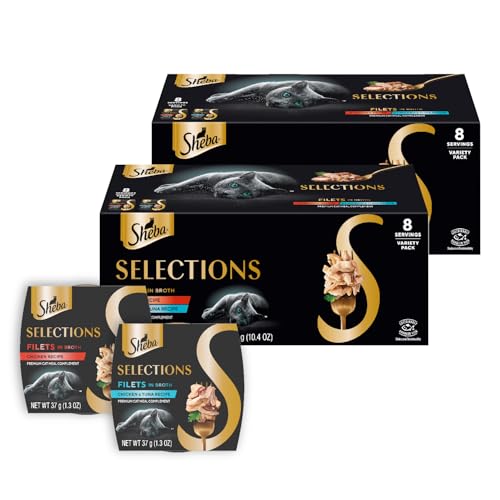 Image of Sheba Selections Filets in Broth, Adult Cat Food Wet Recipe, Meal Complement, Wet Cat Food Variety Pack, Chicken Recipe and Chicken & Tuna Recipe, 1.3 oz. Cups, 8 Count (Pack of 2)
